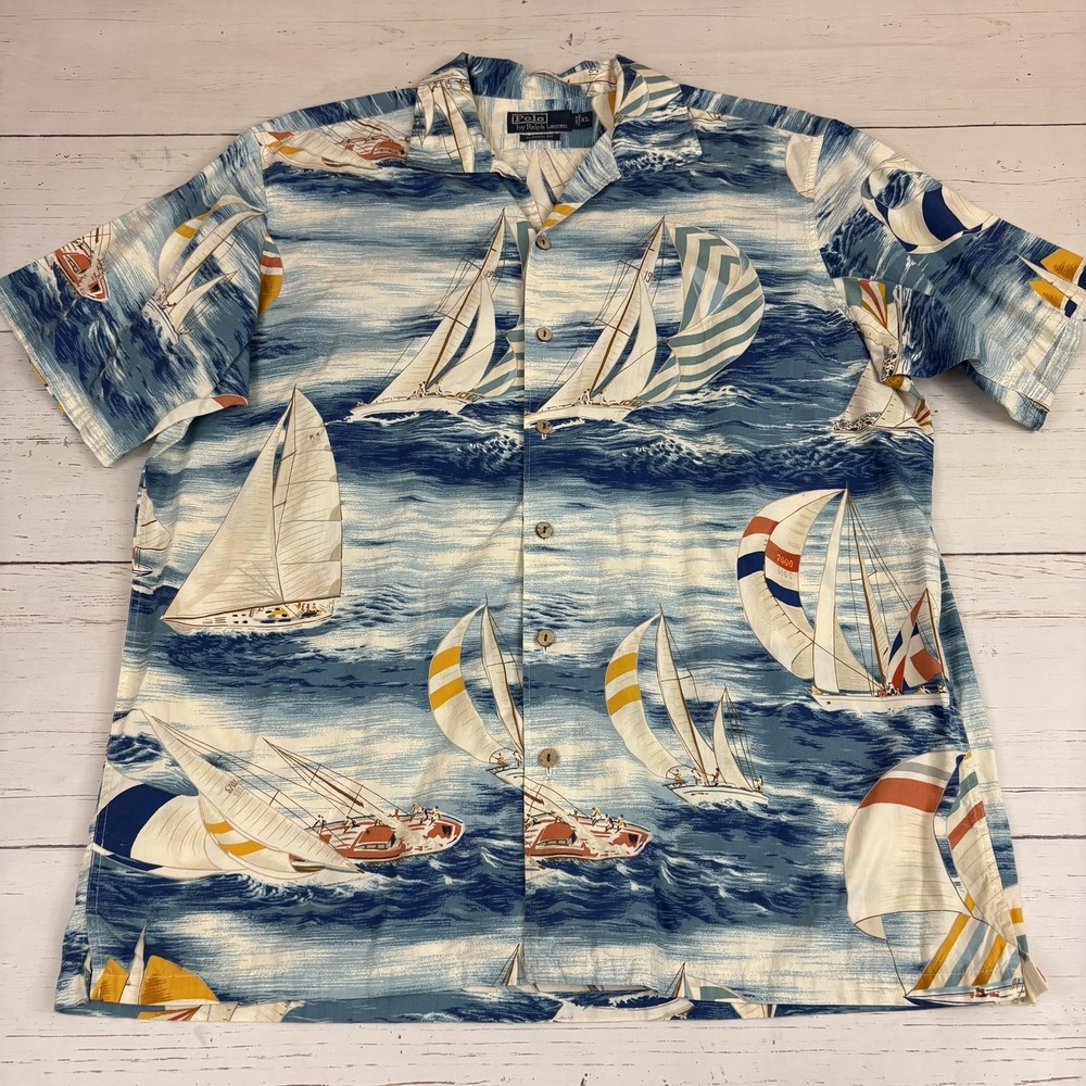 Polo Ralph Lauren Hawaiian Shirt Mens XL Blue Sailing Boats Nautical Print